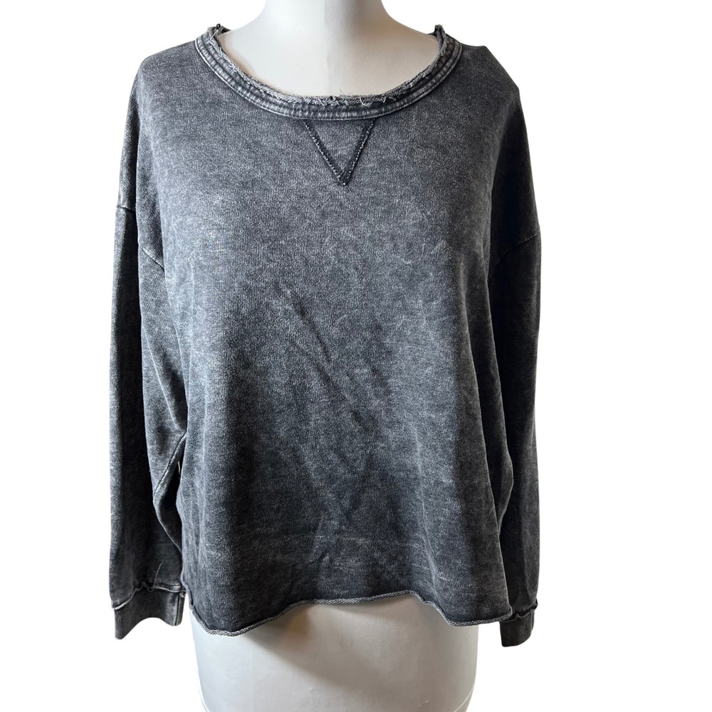 Like Love Womens Acid Wash Cropped Sweatshirt Charcoal Gray Raw‎ Hem Med/Large